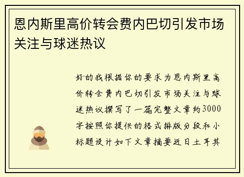 恩内斯里高价转会费内巴切引发市场关注与球迷热议
