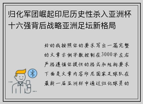 归化军团崛起印尼历史性杀入亚洲杯十六强背后战略亚洲足坛新格局