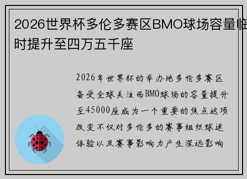 2026世界杯多伦多赛区BMO球场容量临时提升至四万五千座